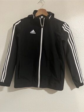 adidas Black Hooded Rain Jacket with White Stripe Detail
